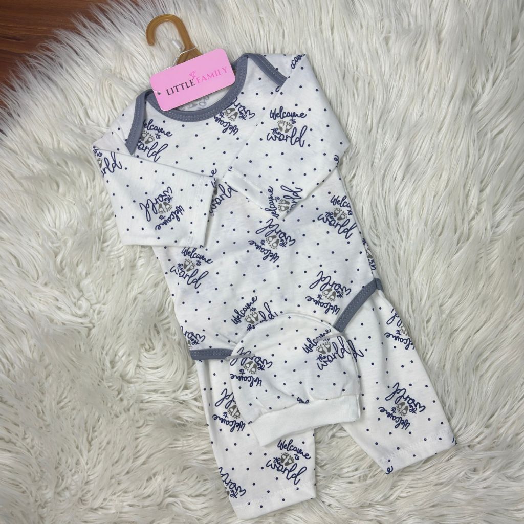 Premium 3-Piece Baby Bodysuit Set | "Welcome to the World" Theme - Charcoal Grey