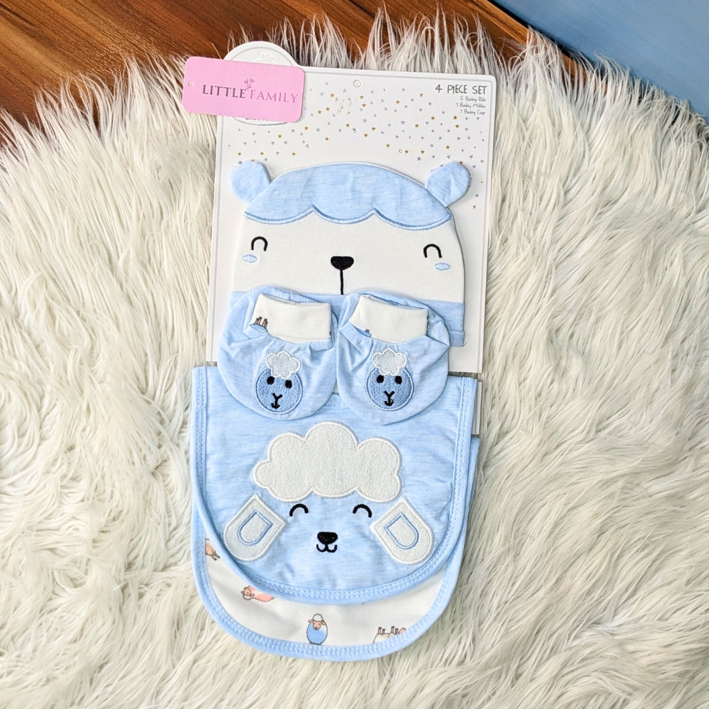 4-Piece Newborn Baby Gift Set – Cotton Bib, Mittens & Cap (Sheep Design)
