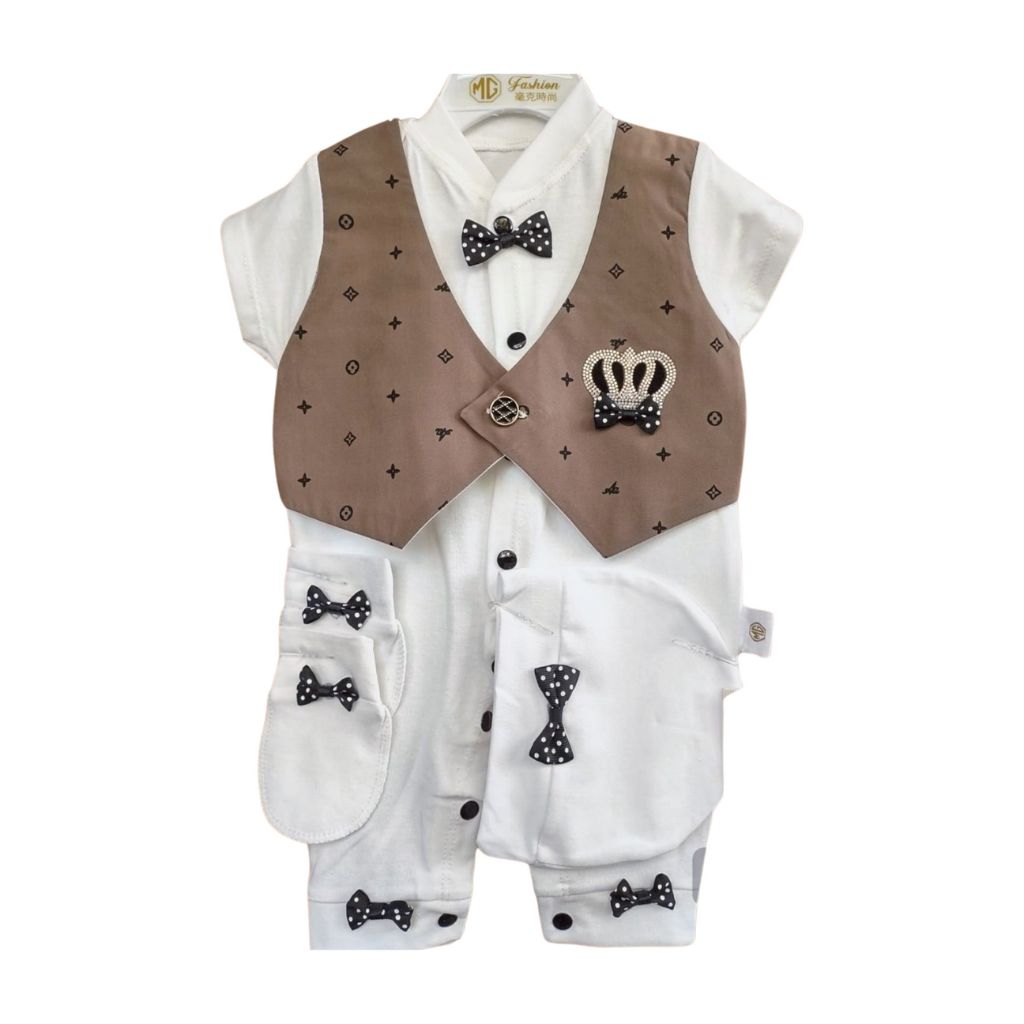 MG-875 Baby Romper Set with Brown Waistcoat – Turkish Style Outfit