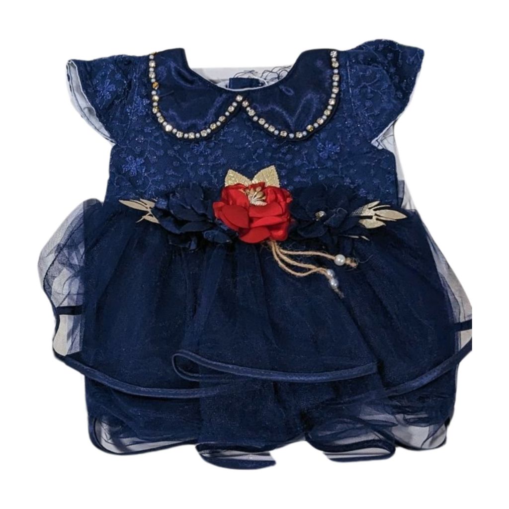 IT-1187 Navy Blue Baby Frock Set – 3-Piece Pearl & Lace