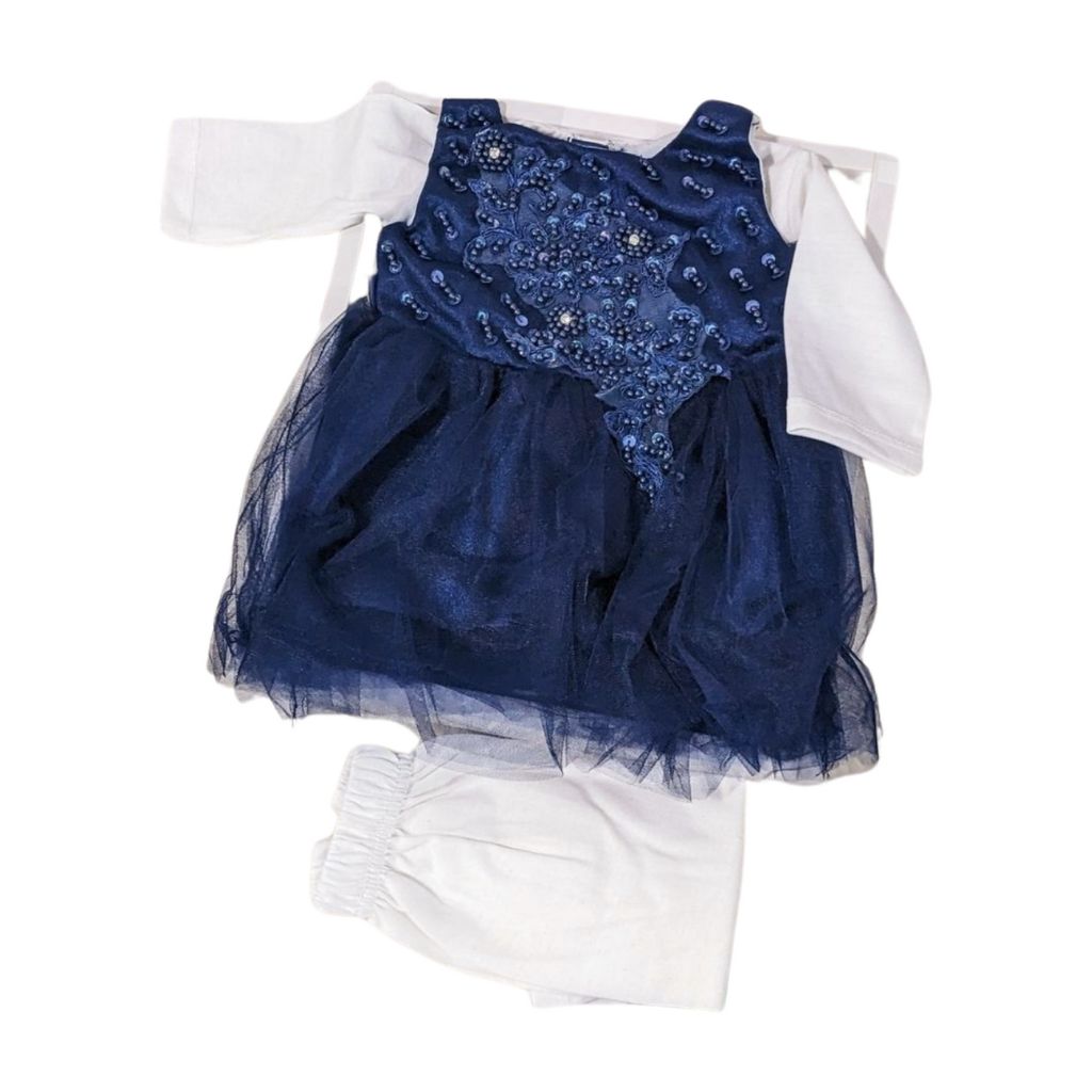 Baby Girl Navy Blue Frock Set – 3-Piece Elegant Lace & Pearl
