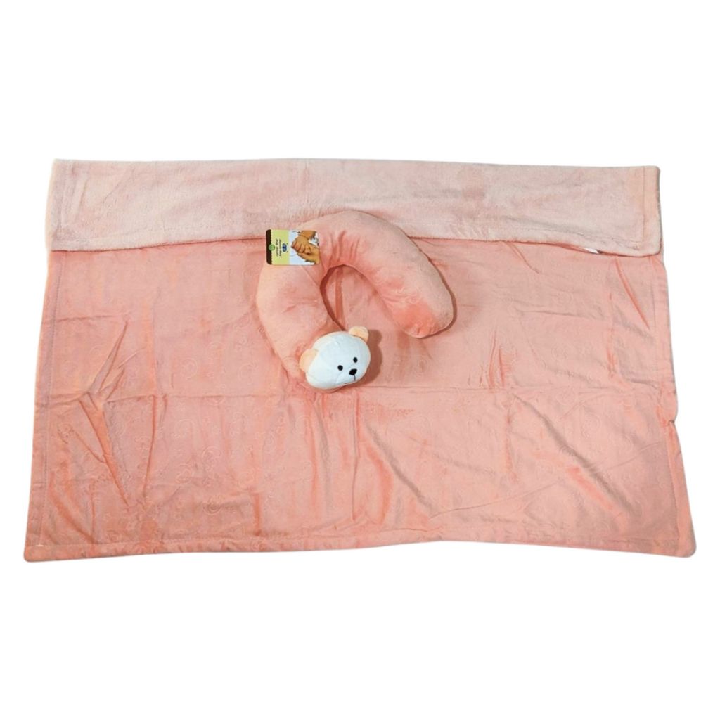 Peach Bear Baby Blanket with Neck Pillow – Soft & Breathable
