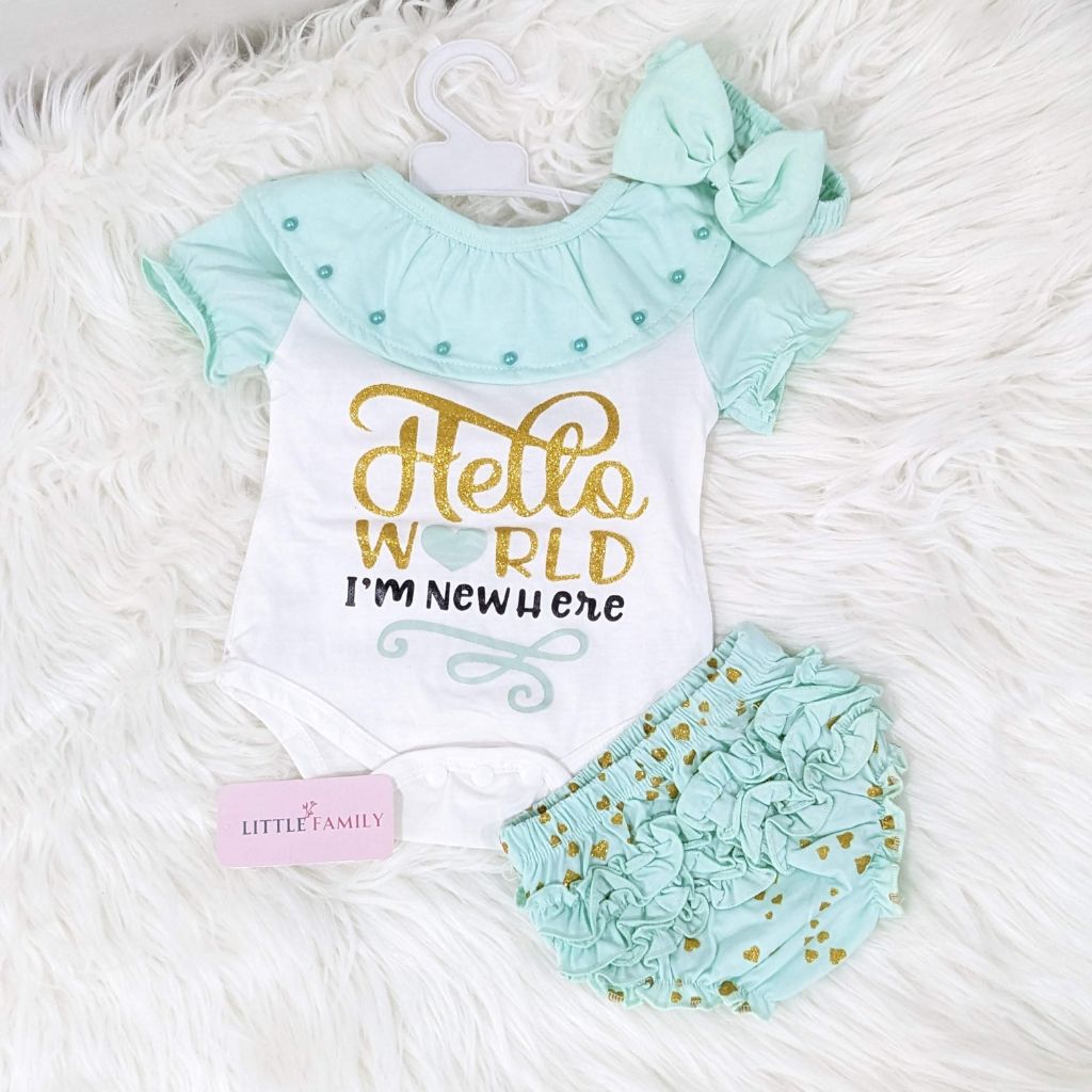 Baby Girl 3-Piece Outfit Set – "Hello World"