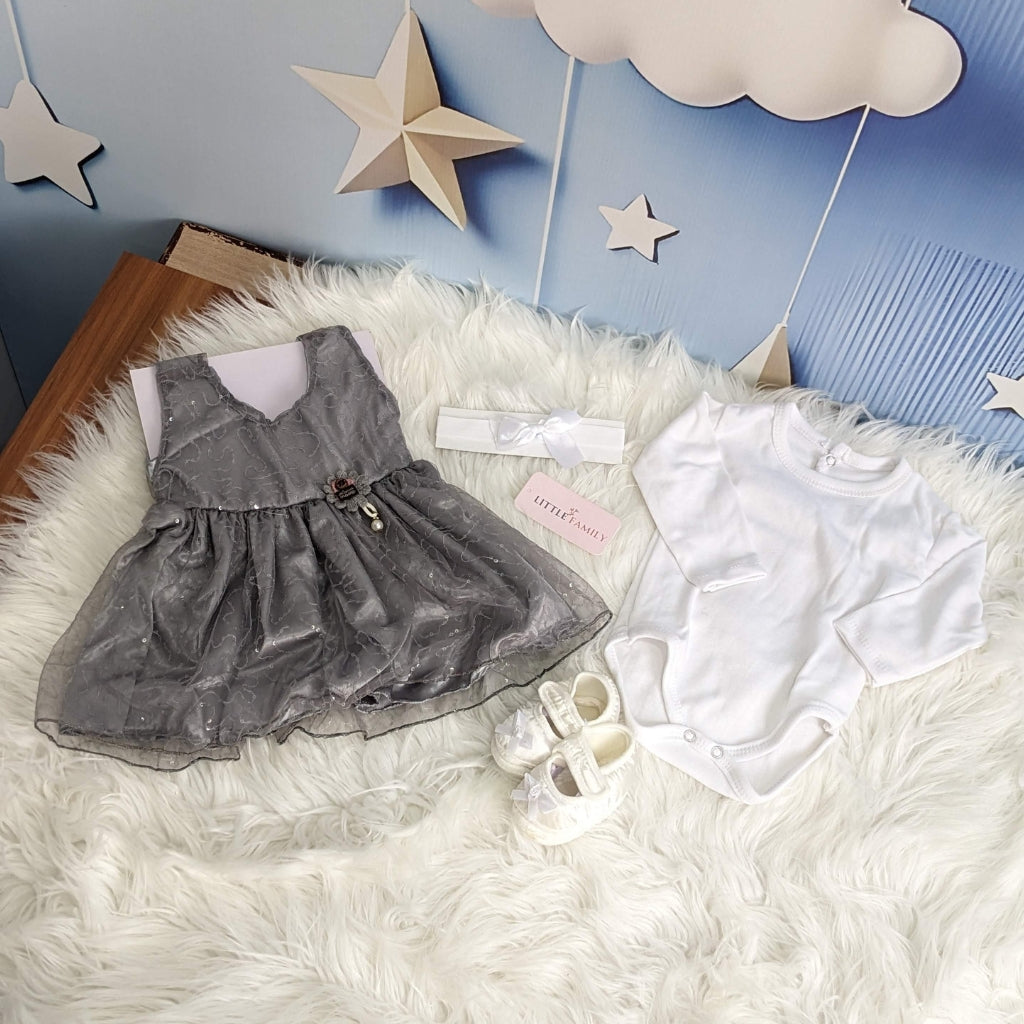 F-1450 Grey 5-Piece Newborn Frock Set