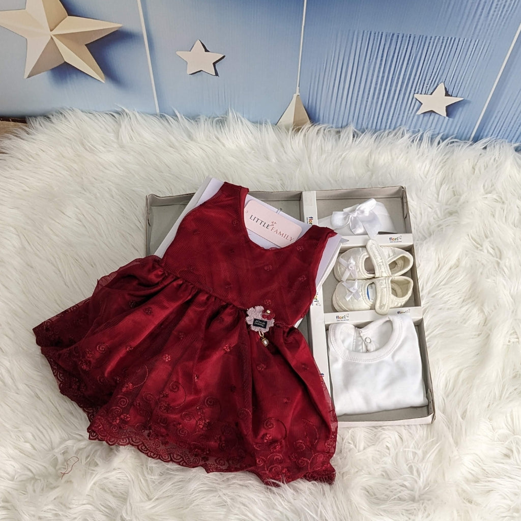 F-1450 Deep Red 5-Piece Newborn Frock Set
