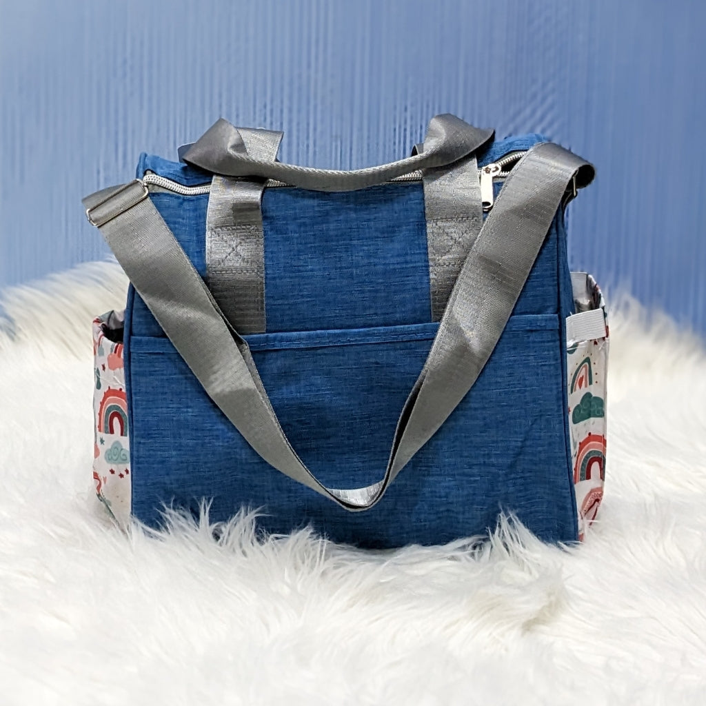 Premium Multi-Pocket Baby Diaper Bag – Rainbow Print (Blue)