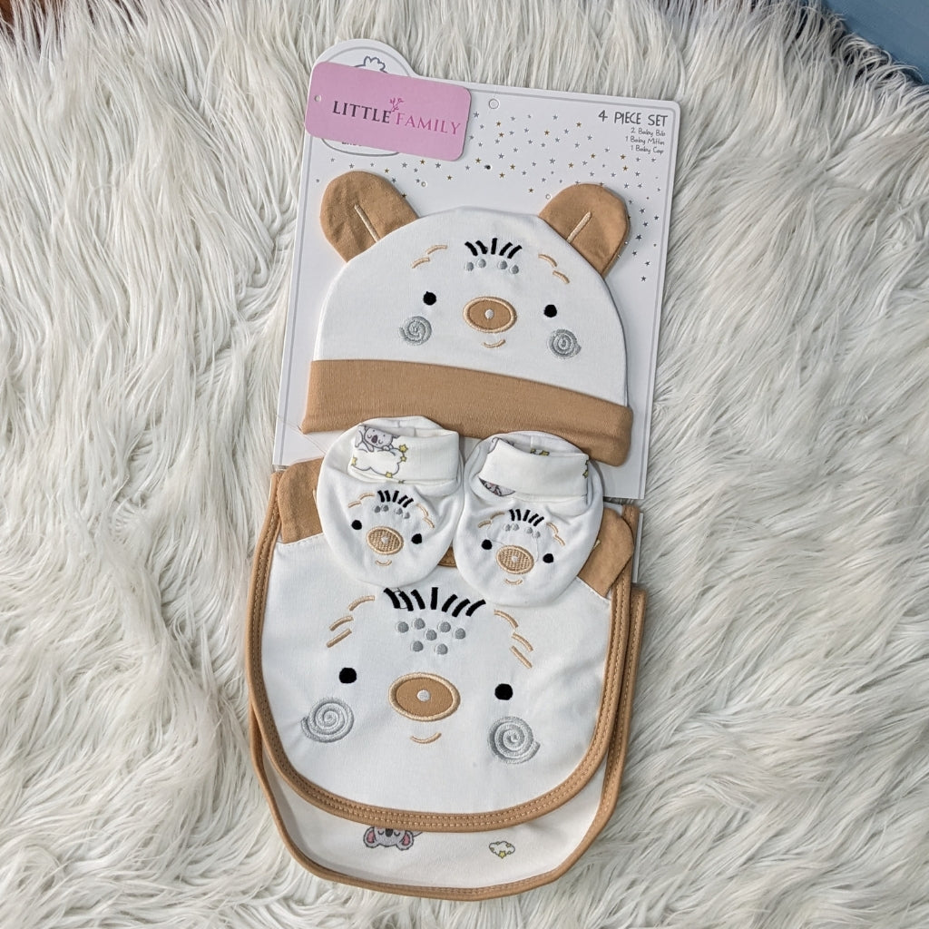 4-Piece Newborn Baby Gift Set – Cotton Bib, Mittens & Cap (Bear Design)