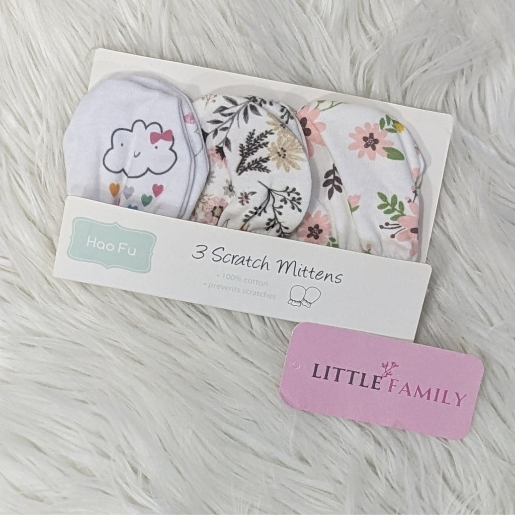 Premium Baby Cotton Scratch Mittens (Pack of 3) - Pink Flowers