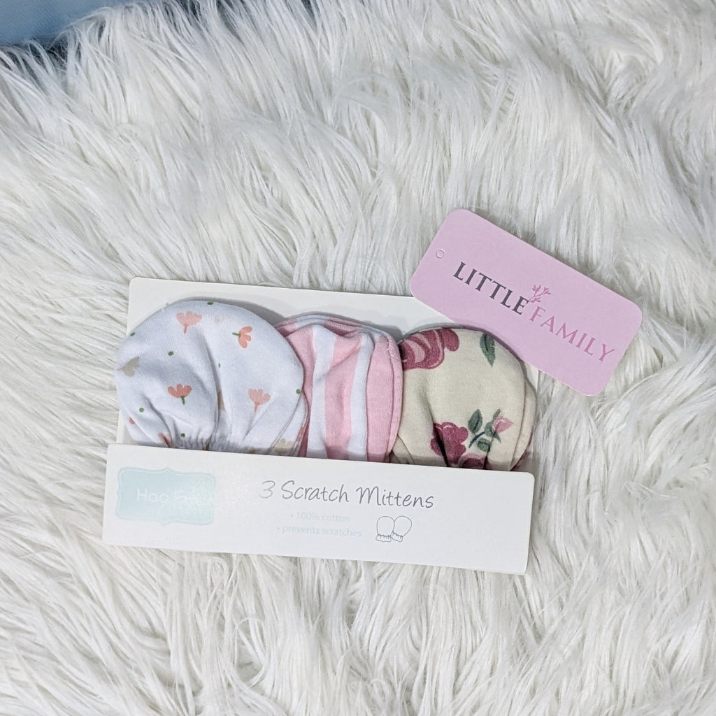 Premium Baby Cotton Scratch Mittens (Pack of 3) - Cream Flowers