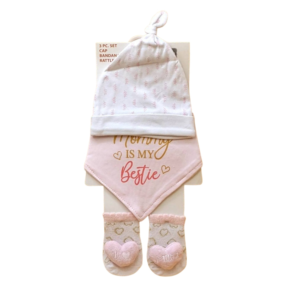 Baby 3 PC'S Cap, Napkin & Booties Gift Set | "Mommy is my Bestie"