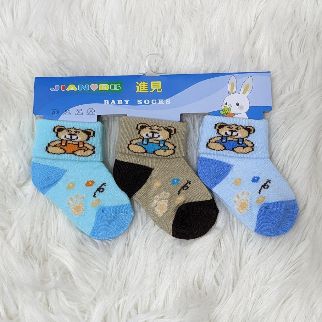 Premium Newborn Baby Socks - Blue Teddy Theme | 3-Pair Set