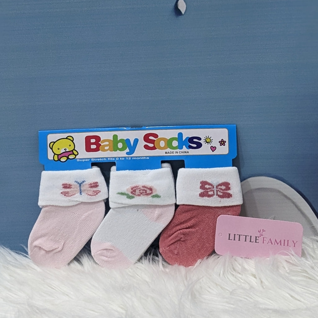 Premium Baby Cotton Socks Set (3-Pair Pack) - Pink Butterfly