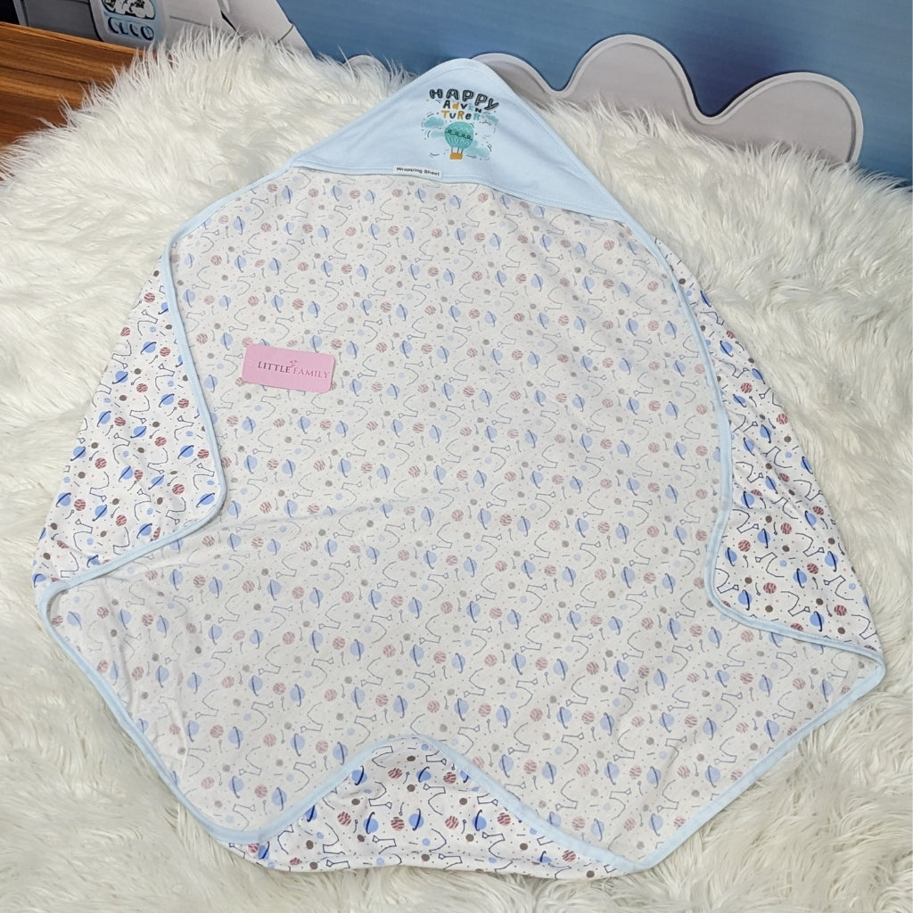 Premium Baby Hooded Wrapping Sheet | "Happy Adventure" (Sky Blue)