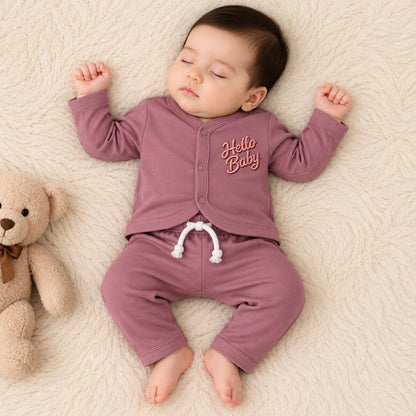 Premium 2-Piece Baby Night Suit | "Hello Baby" Print - Blush Pink