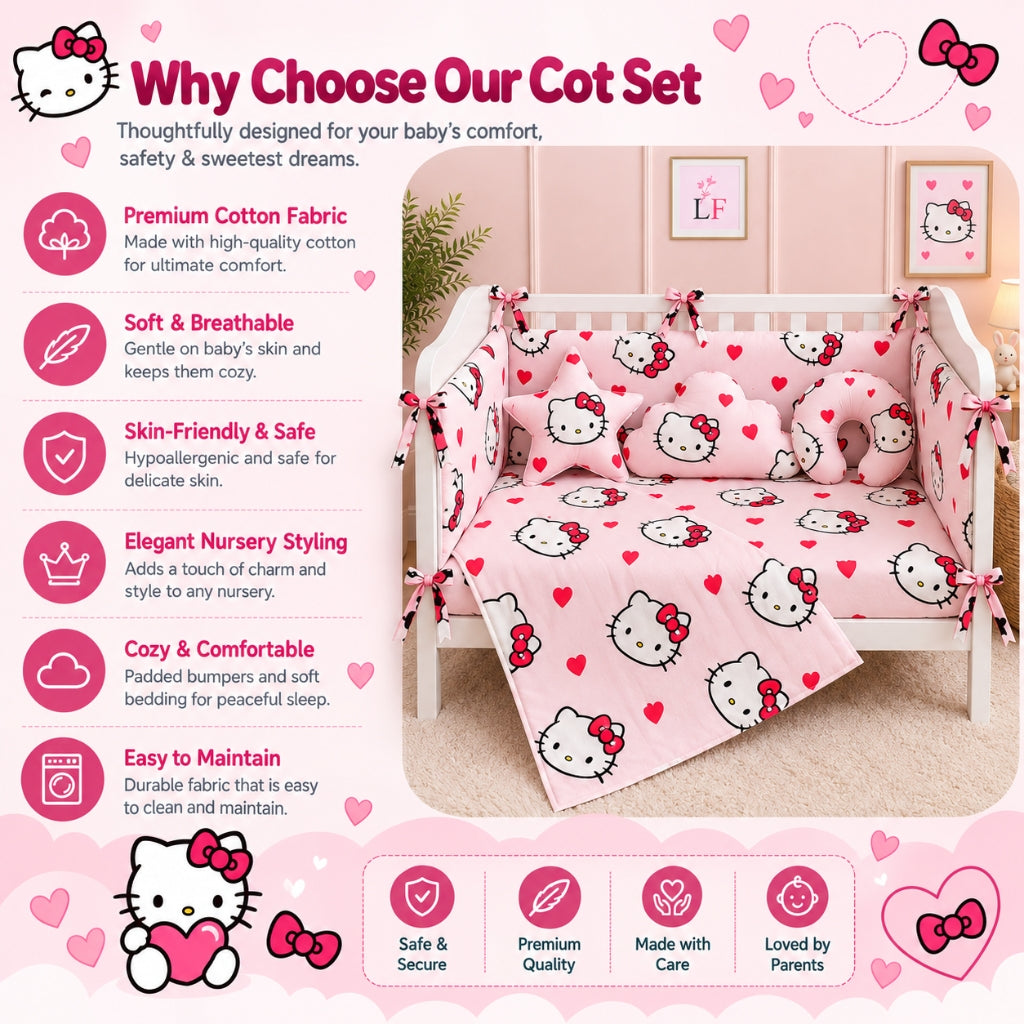 Premium Baby Cot Bedding Set - Kitty Hearts