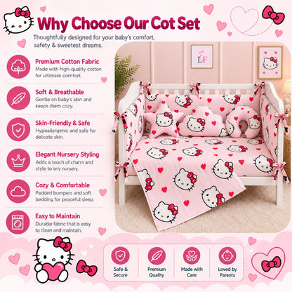 Premium Baby Cot Bedding Set - Kitty Hearts
