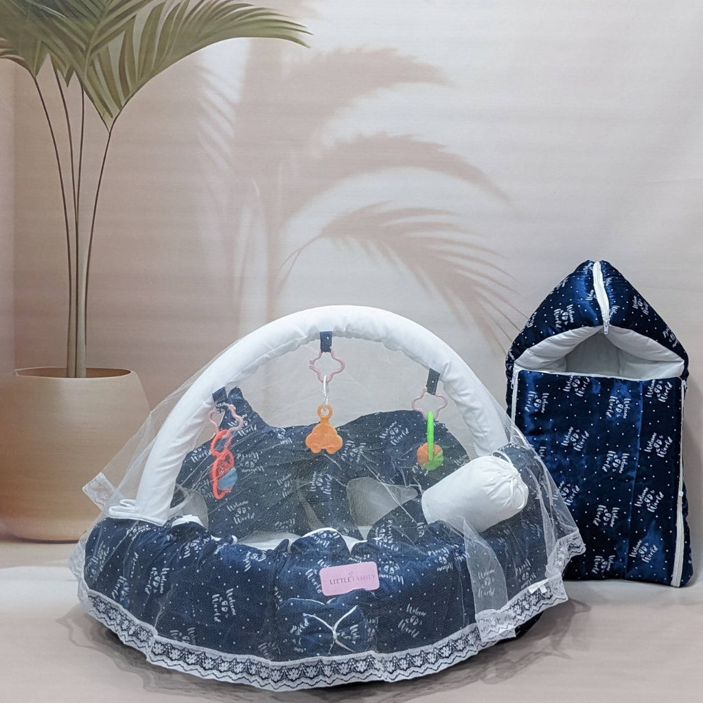 Premium Silk 11-Piece Baby Bedding Set | "Welcome to the World" - (Navy Blue)