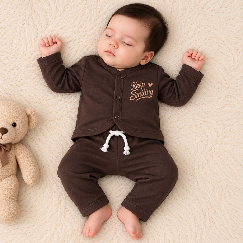 Premium 2-Piece Baby Night Suit | "Keep Smiling" Print - Chocolate Brown
