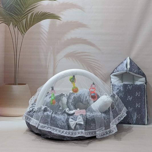 Premium Silk 11-Piece Baby Bedding Set | "Welcome to the World" - (Grey)