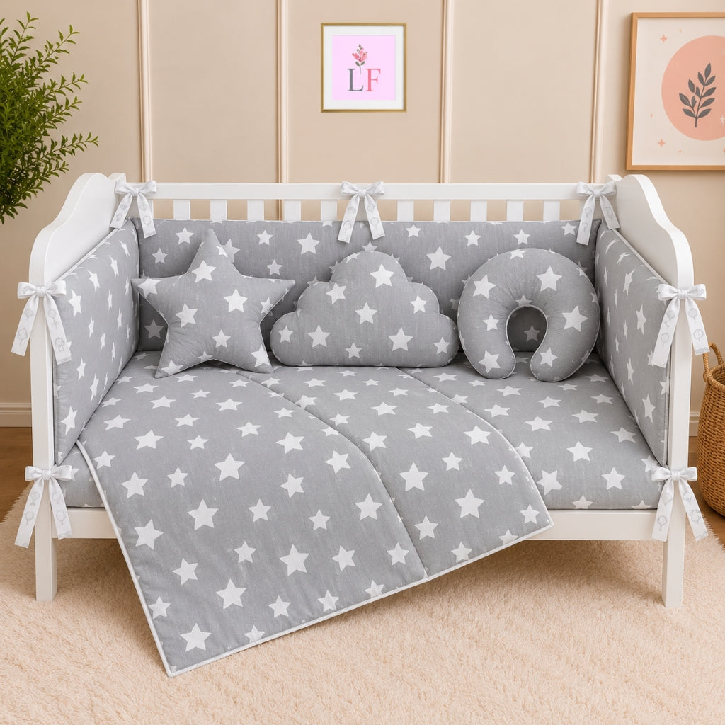 Premium Baby Cot Bedding Set - Grey Star