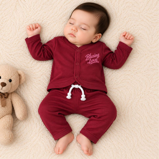Premium 2-Piece Baby Night Suit | "Blasing Love" Print - Maroon