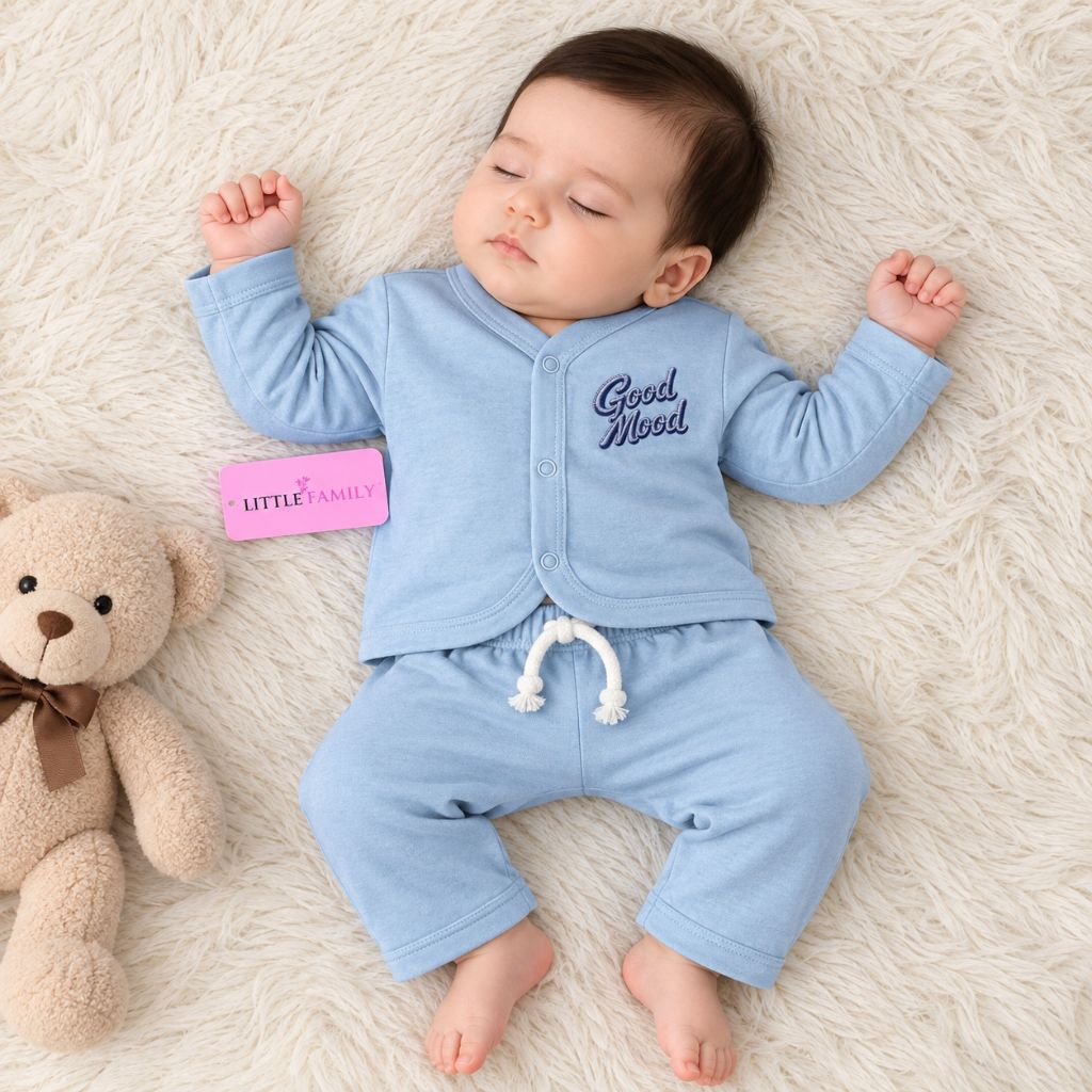 Premium 2-Piece Baby Night Suit | "Good Mood" Print - Sky Blue