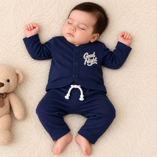 Premium 2-Piece Baby Night Suit | "Good Night" Print - Navy Blue