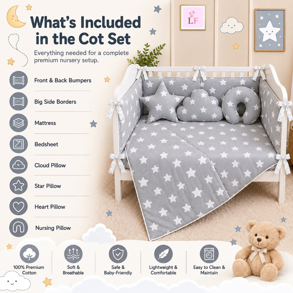 Premium Baby Cot Bedding Set - Grey Star