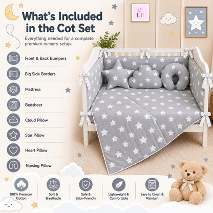 Premium Baby Cot Bedding Set - Grey Star