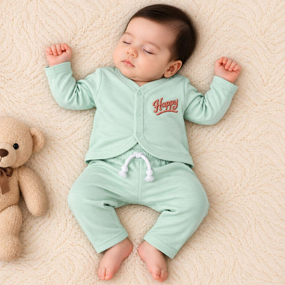 Premium 2-Piece Baby Night Suit | "Happy" Print - Soft Mint