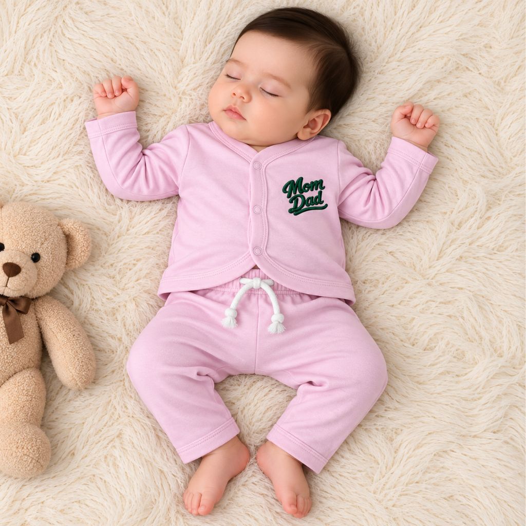 Premium 2-Piece Baby Night Suit | "Mom Dad" Print - Pink