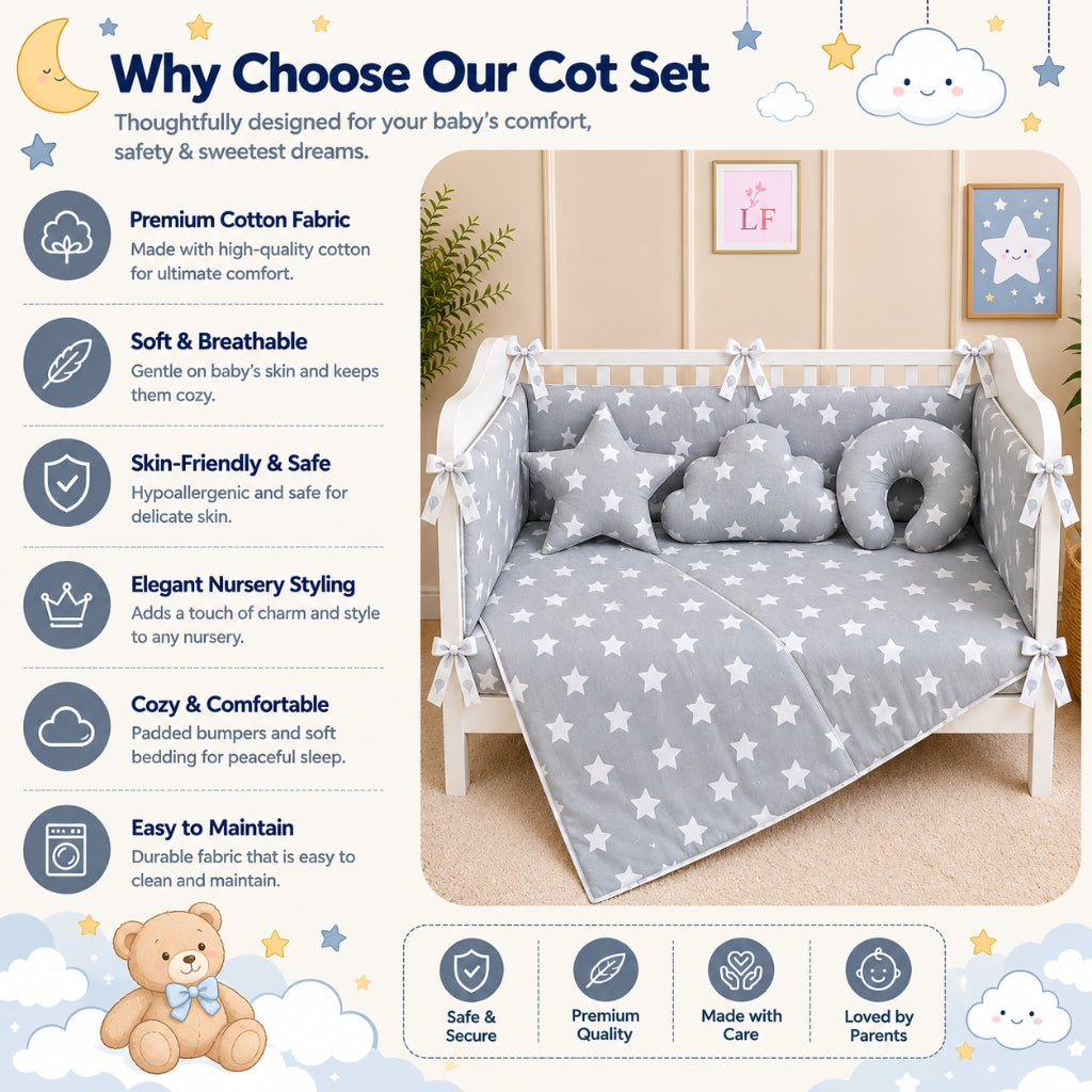 Premium Baby Cot Bedding Set - Grey Star