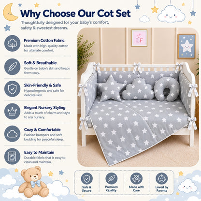 Premium Baby Cot Bedding Set - Grey Star