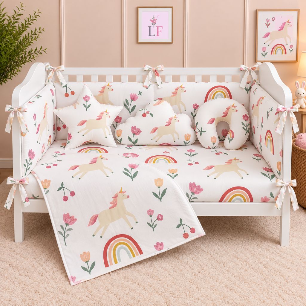 Premium Baby Cot Bedding Set - Unicorn Blossom