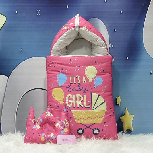 "It's a Baby Girl" Newborn Baby Carry Nest - Soft Poly Cotton | Shocking Pink