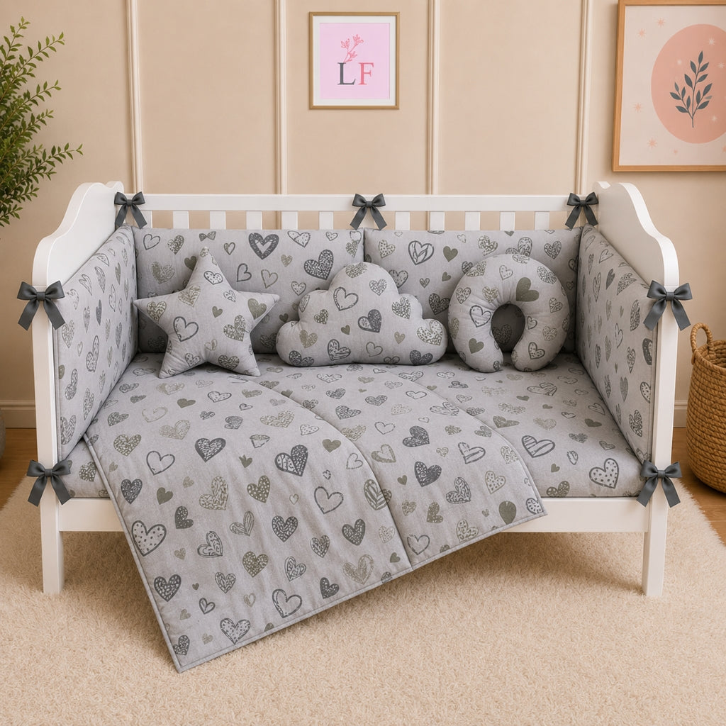Premium Baby Cot Bedding Set - White Heart