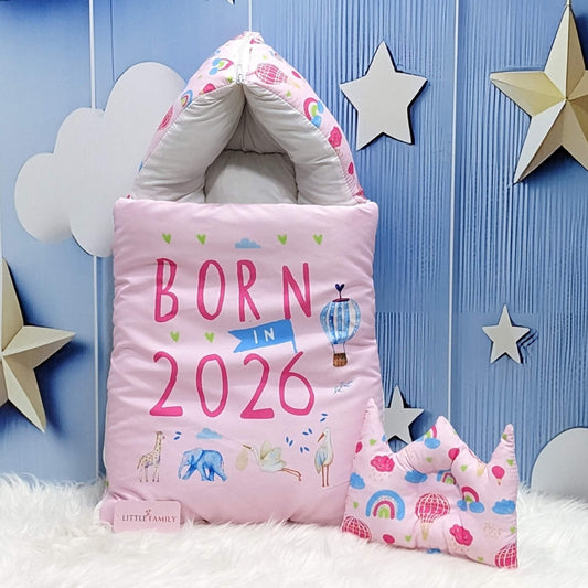"Born in 2026" Newborn Baby Carry Nest - Soft Poly Cotton | Pink