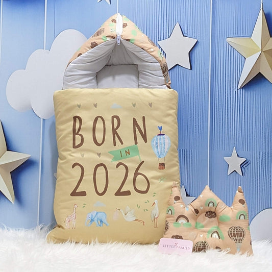 "Born in 2026" Newborn Baby Carry Nest - Soft Poly Cotton | Brown