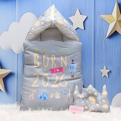 "Born in 2026" Newborn Baby Carry Nest - Soft Poly Cotton | Grey