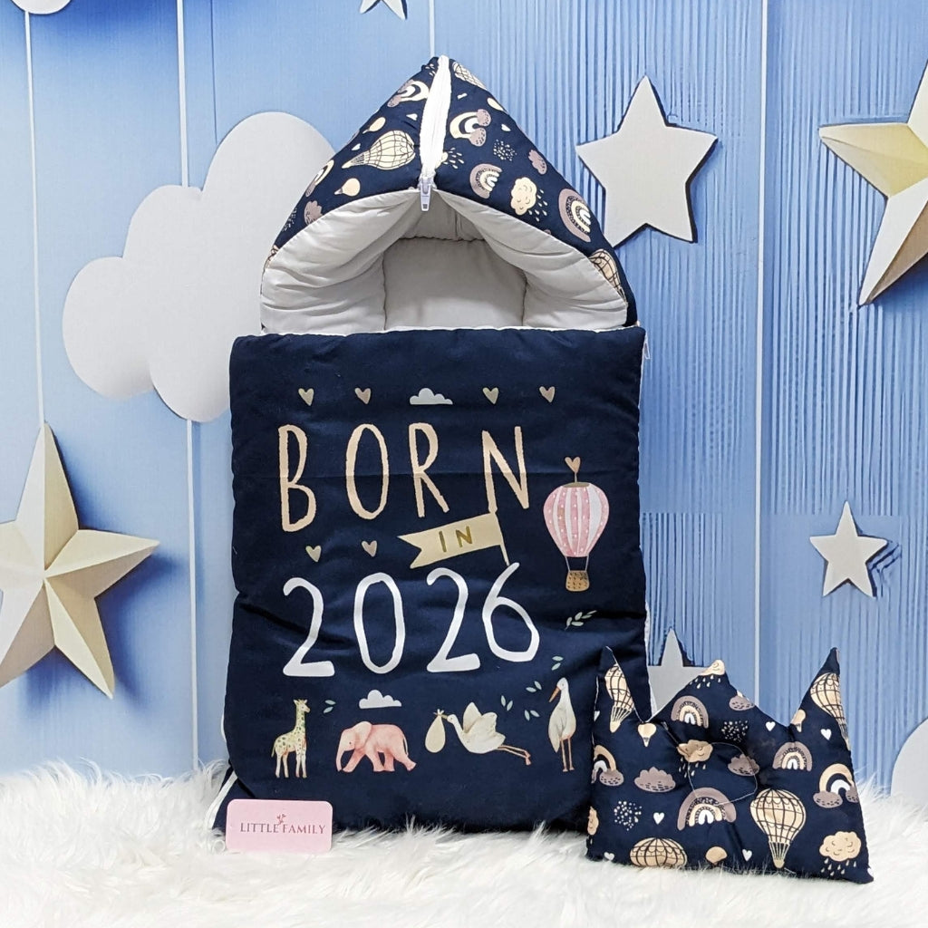 "Born in 2026" Newborn Baby Carry Nest - Soft Poly Cotton | Navy Blue