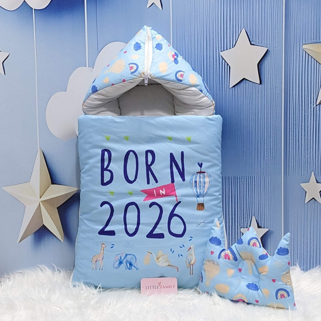 "Born in 2026" Newborn Baby Carry Nest - Soft Poly Cotton | Sky Blue