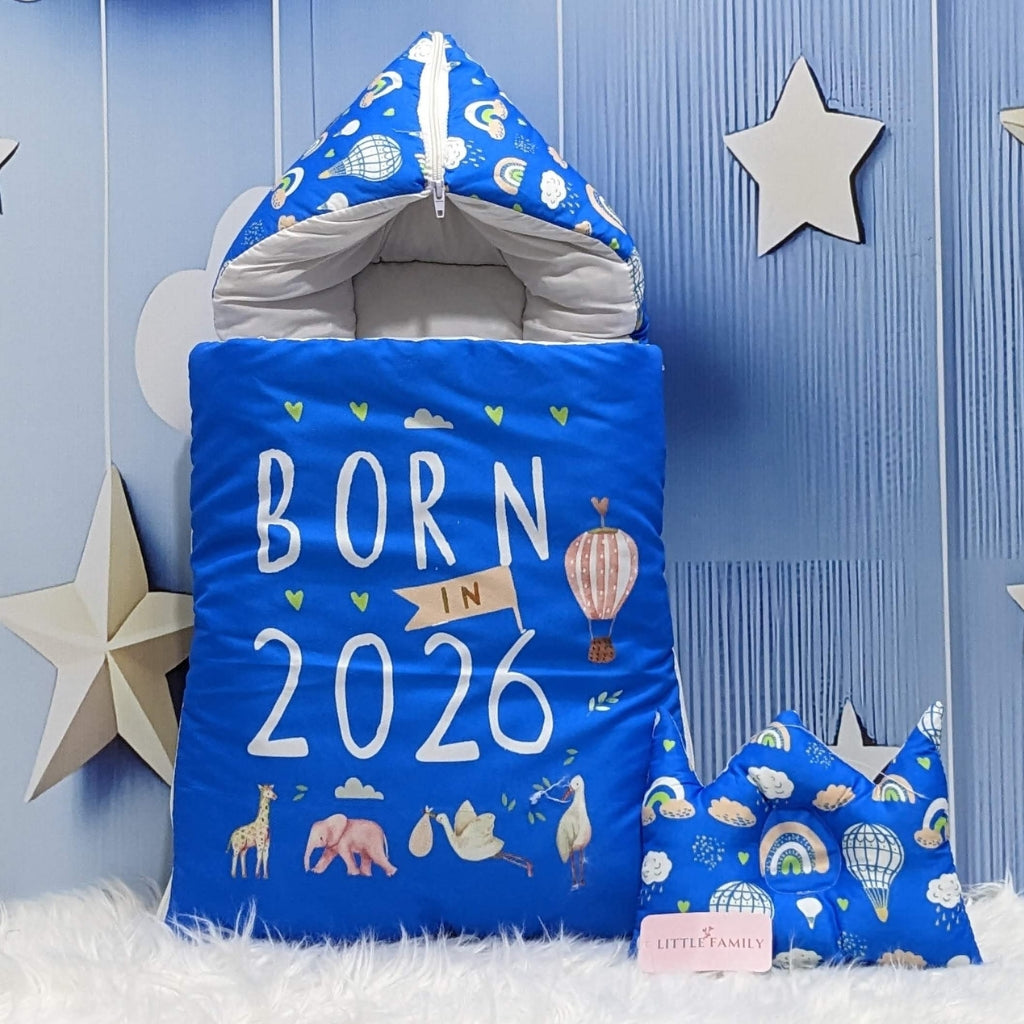 "Born in 2026" Newborn Baby Carry Nest - Soft Poly Cotton | Blue