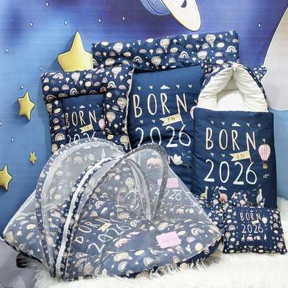 "Born In 2026" Baby 8 PC'S Bedding Set - (Navy Blue) | Large