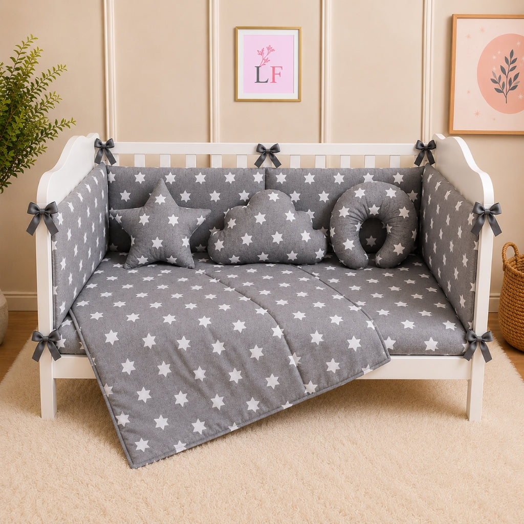 Premium Baby Cot Bedding Set - Grey Star
