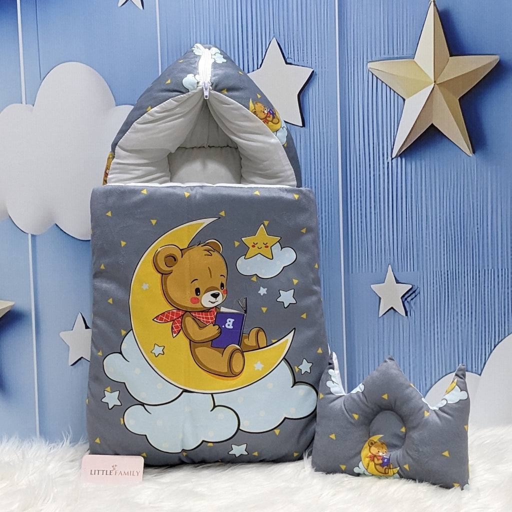 Soft Poly Cotton Baby Carry Nest | Teddy On Moon Edition – Grey