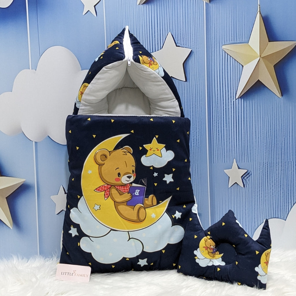 Soft Poly Cotton Baby Carry Nest | Teddy On Moon Edition – Navy Blue