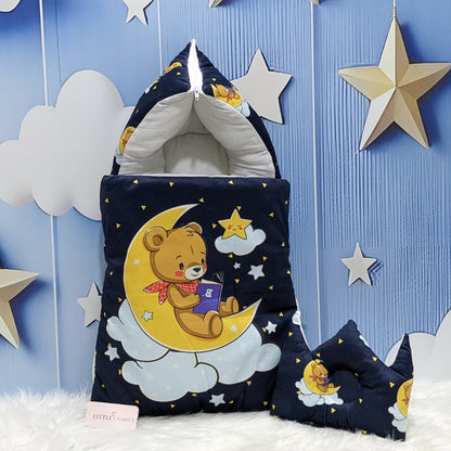 Soft Poly Cotton Baby Carry Nest | Teddy On Moon Edition – Navy Blue