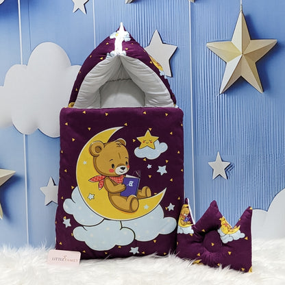 Soft Poly Cotton Baby Carry Nest | Teddy On Moon Edition – Berry Purple