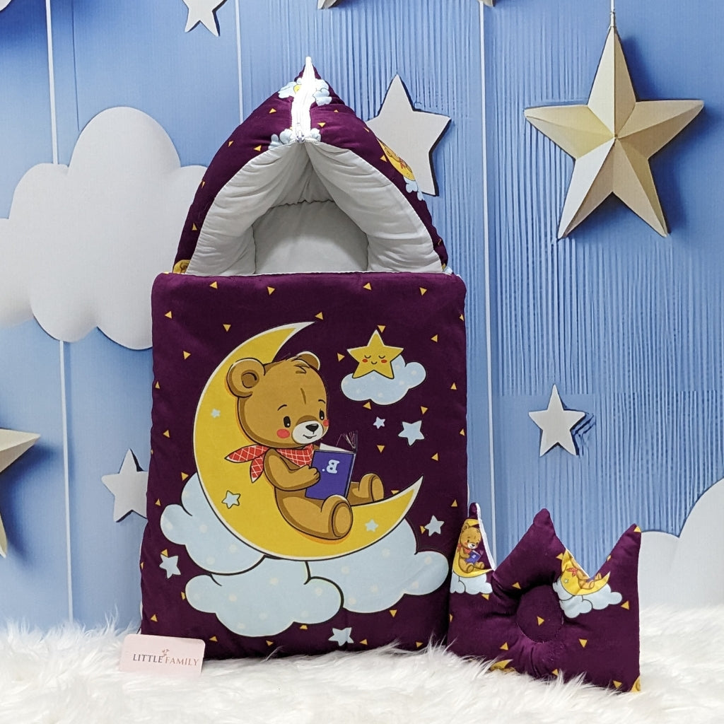 Velvet Baby Carry Nest – Berry Purple | Teddy on Moon Edition