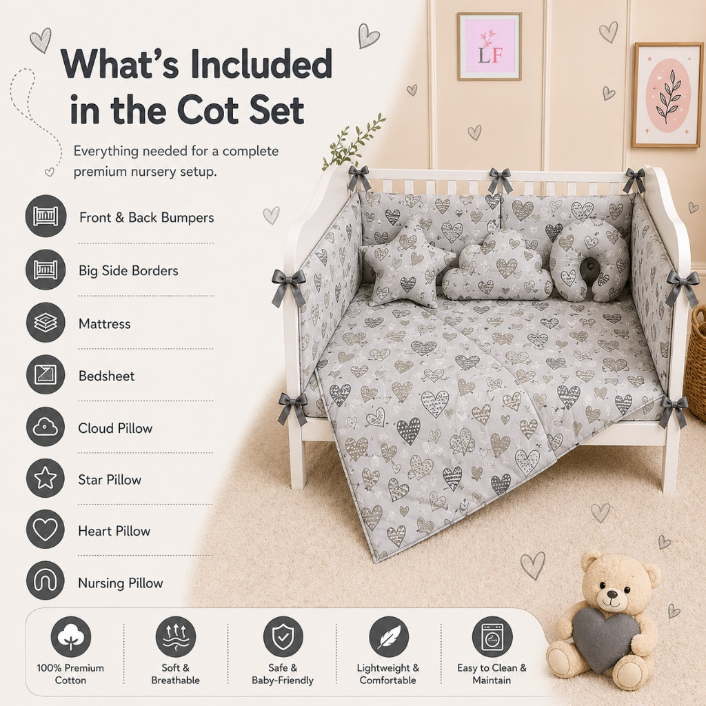 Premium Baby Cot Bedding Set - White Heart